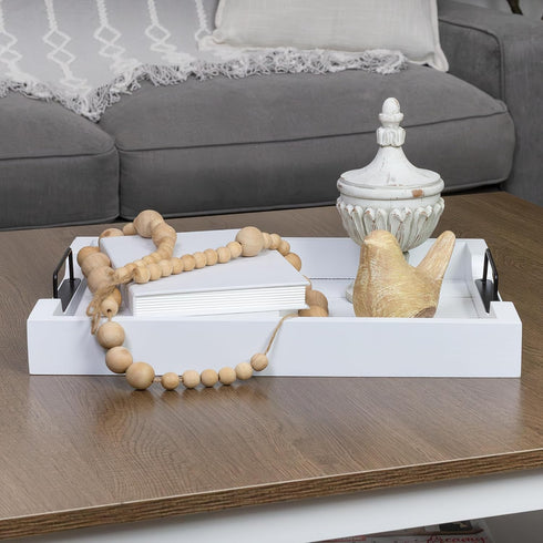 16.75 12.75 Inches AuldHome Design Rustic Wood Serving Tray (White); Wooden Farmhouse Shiplap Decorative Ottoman Tray