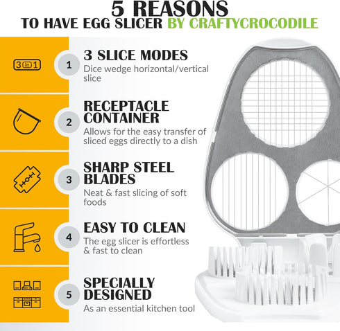 3 CraftyCrocodile Egg Slicer for Hard Boiled Eggs - Slice Modes Egg Cutter, Heavy Duty, Stainless Steel Dicer - Kitchen