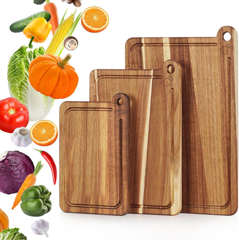 3 Pack Set, Cutting Board Acacia Wood Cutting Boards for Kitchen, Chopping Board with Deep Juice Grooves & Built