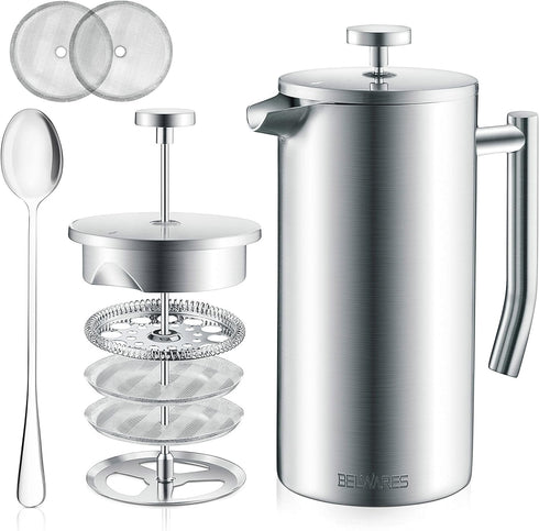 Belwares 34 oz French Press Coffee Maker, Double Insulated Stainless Steel with 2 Extra Screens and Coffee Spoon