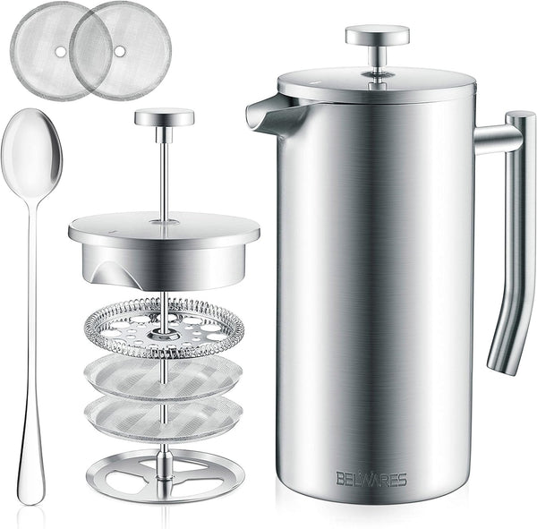 Belwares 34 oz French Press Coffee Maker, Double Insulated Stainless Steel with 2 Extra Screens and Coffee Spoon