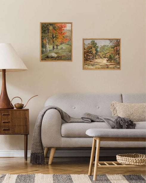 UPWOIGH Framed Wall Art, Autumn Tree Oil Painting Canvas Poster, Vintage Fall Landscape Rustic Print for Living Room