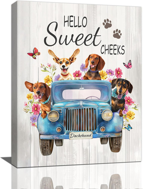 Dachshund Dog Wall Art, Funny Driving Car Pictures, Rustic Sausage Dog Truck Decor for Bathroom Kitchen Living Room