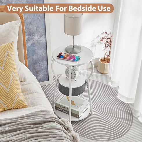 3-Tier 21.6" Small Round Side Table with Storage Bag, Accent Round End Table with Four Storage Functions for Living