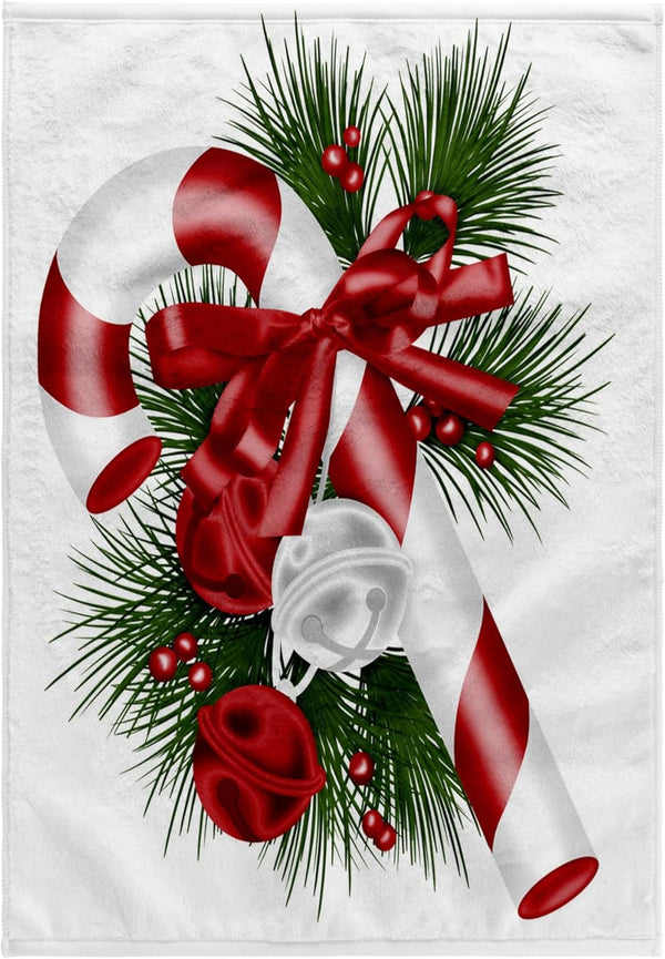 3dRose Towel, Pretty Candy Cane with Bells Illustration Design
