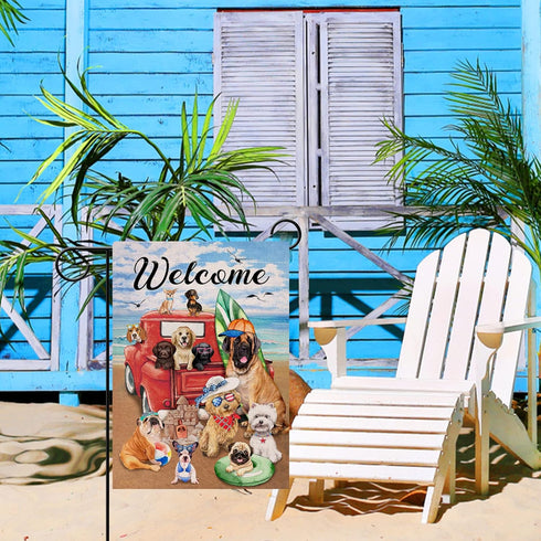 Welcome Summer Dogs Red Truck Beach Garden Flag, Double Sided, Ocean Coastal Nautical Decorative Yard Decor