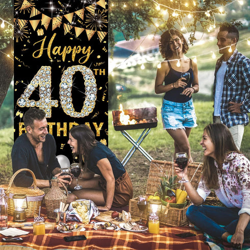 40th Birthday Decorations Door Banner, Black Gold Happy 40th Birthday Sign Poster Decor, 6.1ft x 3ft Fabric Backdrop