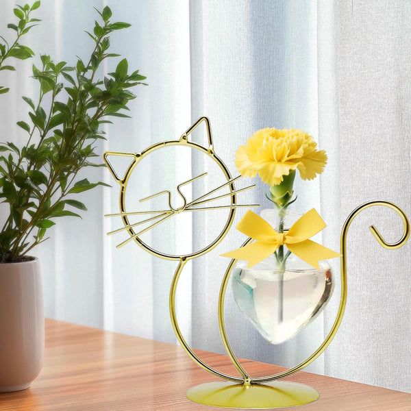 LEAHPENG Desktop Glass Planter Vase Holder, Metal Stand Creative Cat Plant Terrarium for