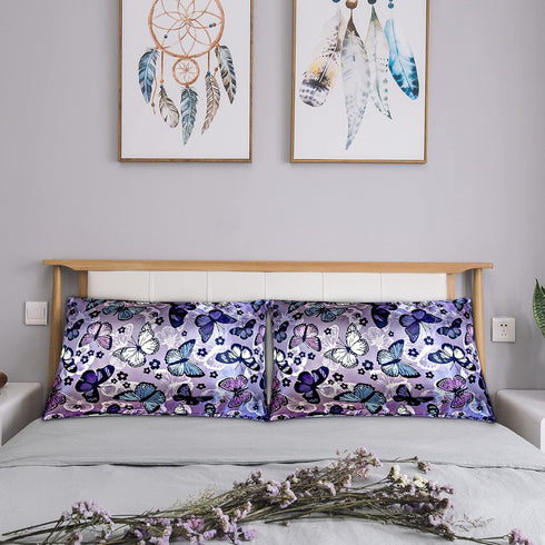Silk Satin Pillowcase for Hair and Skin, Soft Standard Size Pack of 2, Wrinkle and Fade-Resistant, Purple Butterflies