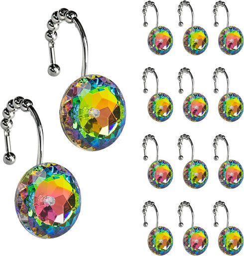 Sunlit Luxury Design Glitter Round Colorful Diamond Crystal Gem Bling Shower Curtain Hooks - Rust Proof Metal