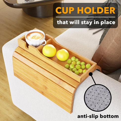 SpaceAid Bamboo Couch Cup Holder, Anti Falling Foldable Sofa Armrest Tray with Cup Holder, Couch Arm Side Table