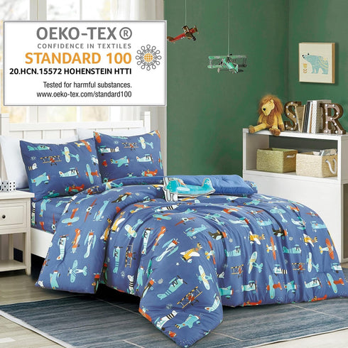 Set Blue Airplanes print Comforter for Boys Girls teen. Twin size Bedding for kids room. Include Twin comforter fitted
