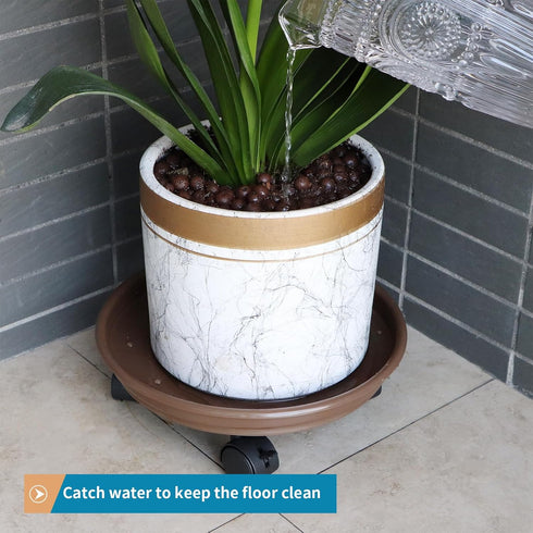 Sanbege 11.6" Resin Plant Caddy with Wheels, Round Plant Pallet, Plant Pot Trolley (Brown)