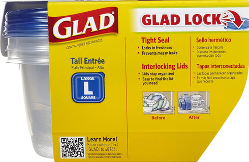 Glad GladWare Tall Entrée Food Storage Containers | Large Square Containers for Food Hold up to 42 Ounces of Food, 3 Count | Strong and Sturdy Large Food Storage Holders
