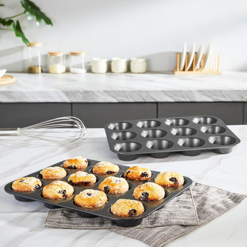 HONGBAKE Muffin Pan for Baking, Nonstick 12 Cup Cupcake Tin, 2 Pack Premium Cheesecake Pans, Dishwasher Safe - Dark Grey