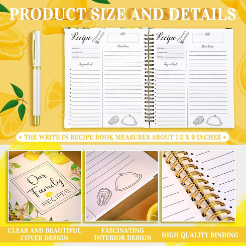 Recipe Book to Write in Your Own Recipes 7.5 x 9 Inch Lemon Recipe Notebook Blank Recipe Journal Book with 100 Pages Gift for Mom Dad Wife