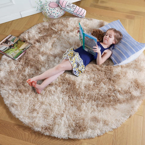 5Ft Amdrebio Tie-Dyed Beige Tan Round Circle Area Rug for Bedroom, Fluffy Plush Shag Furry Rugs for Kids Room, Living