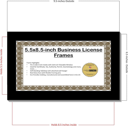 Creative Picture Frames 5.5X8.5Bk - Business License Frame with Self Standing Easel and Wall Hanger for Versatility