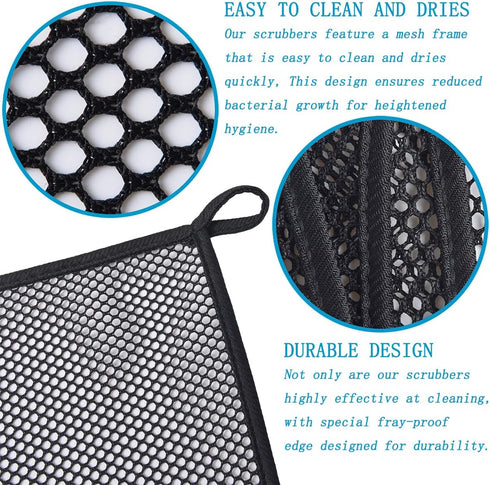 Mesh Dish Cloths, Kitchen Dish Washing Net Scrubber, Quick Dry and Easy to Clean, 150G/SM 12 x 12 Inch, Black 12 Pack