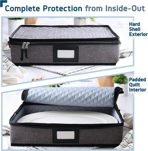 Fine China Storage Containers – Platter Storage Case, Hard Shell, Quilted, Stackable 16”x12.5”x3.5” with Zipper,