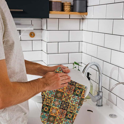 Kitchen Dish Towels, 100% Natural Cotton Mexican Fiesta Talavera Floral Prints, Set of 3 Multi-Color Dishcloths