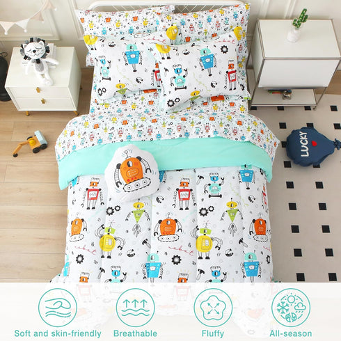 Sets 8 Set Set Mooreeke Full Size Comforter for Boys Kids, Pieces Bed in a Bag White Robot Bedding Comforter Sheet