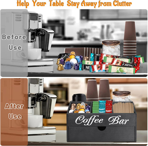Coffee Bar Organizer Countertop, Wooden Accessories with Drawer, Coffee Station Organizer for Coffee Pods Holder