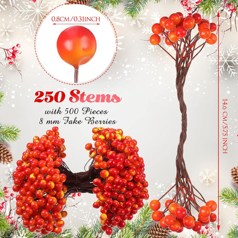 250 500 8 mm BBTO Artificial Holly Berries on Wire Stems, Stems with Pieces Fake Berries for Christmas Tree Decorations