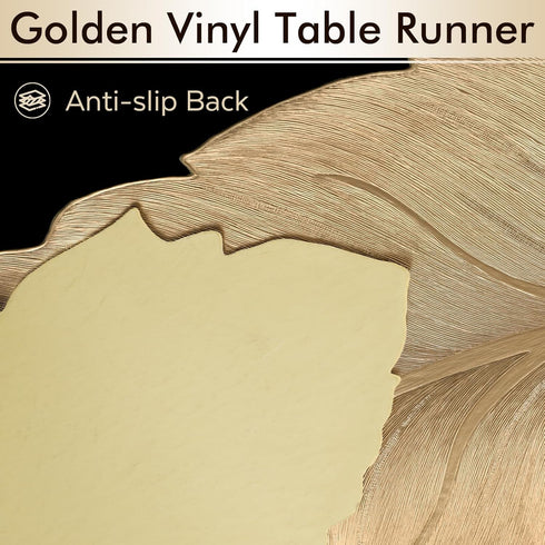 36 Inch FAVE Gold Small Table Runner Heat Resistant Vinyl Table Cover for Dinner Party Wedding Decor (Leaves)
