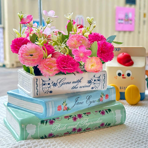 Small Book-Shaped Decorative Planter - Ceramic Vase for Flowers - Cute Bookshelf Home Bedroom Office Decor - Unique