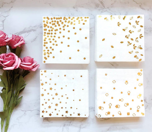 100 PK Gold Napkins - 4 Assorted Designs - 3-Ply Cocktail Napkins 5 x 5 Inches Disposable Party Napkins for Wedding