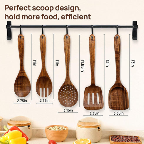 Kitchen Wooden Spoons Utensils Set for Cooking, 5 Piece Acacia Wood Spoon Cooking Utensils Apartment Essentials Wooden Turner Spoon Spatula Kitchen Set for Nonstick Cookware (5-pieces-set)