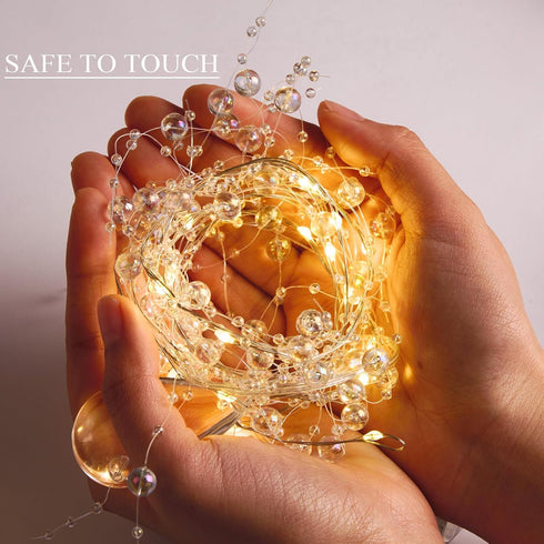 3-8mm Centerpiece(3.28ft/Set, 2 Set) Iridescent Bead String with Fairy Lights Battery Operated, Artificial Crystal