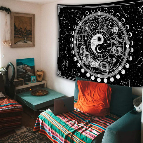 Twelve Constellation Tapestry, Black and White Sun and Moon, Yin and Yang Mystic Wall Hanging for Home Decor