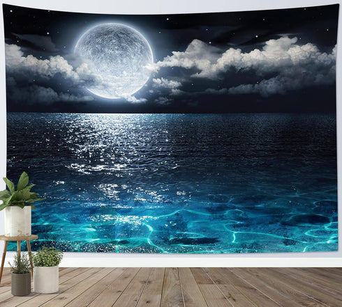 LB Moon Over Ocean Tapestry, Night Sky Wall Hanging, 3D Fantasy Psychedelic Watercolor Art for Bedroom Living Room, 60