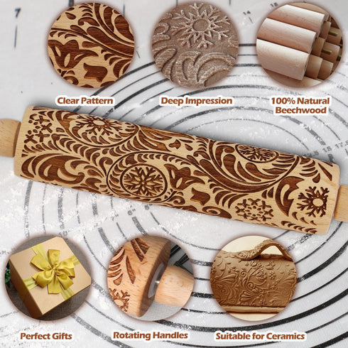 Embossed Rolling Pin for Baking, Cookie Embossing Rolling Pins with Flower Pattern, Wooden Engraved Dough Roller
