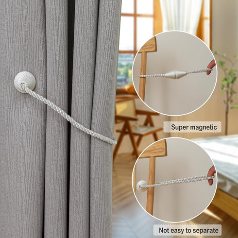 Magnetic Curtain Tiebacks 2 Pack, Outdoor Rope Tie Backs for Decorative Window Treatment, White