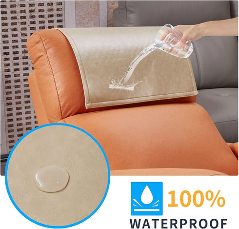 Non-Slip Recliner Headrest Protector Covers, Washable Faux Leather for Recliner Chair, Couch, Sofa, Office Chair (Beige)