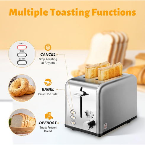 HealSmart 2 Slice Stainless Steel Toaster, Extra Wide Slot, Removable Crumb Tray, Retro Compact Oven, Silver