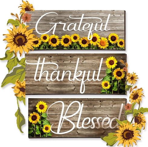 Nuanchu 3 Pcs Sunflower Wall Decor Art Signs, Thankful Grateful Blessed Wooden Hanging Plaques for Home
