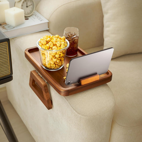 Drink(13.8" 9.5" 1") Tinamo Acacia Wood Sofa Armrest Tray with Phone Holder - Large Sofa Arm Tray Table Clip - Couch