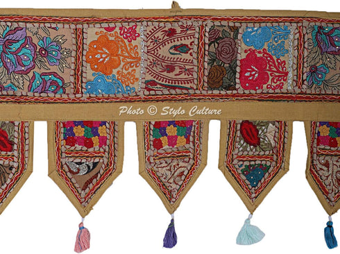 Indian Cotton Window Valance, Beige Ethnic Vintage Embroidered Patchwork Tassels Floral Scarf Curtain Topper