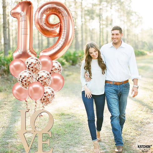 KatchOn Giant Rose Gold 19 Balloon, 40 Inch Birthday Balloons with Confetti for Happy 19th Birthday