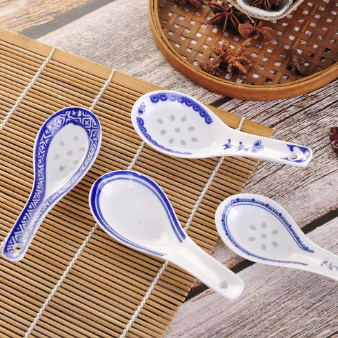 VanEnjoy Set of 4 Blue and White Ceramic Soup Spoons - Chinese/Japanese Tradition