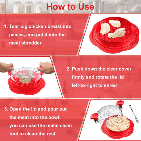 Large Chicken Shredder Tool with Twist, Brush & Fork, Visible Meat Shredder Machine, Ergonomic Handle, BPA Free, Red