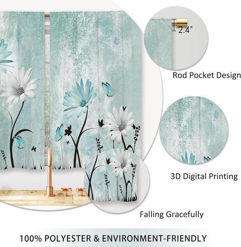 Farmhouse Flower Kitchen Curtains, Teal Rustic Daisy Floral Short Cafe Window Drapes, Vintage Turquoise Rod Pocket