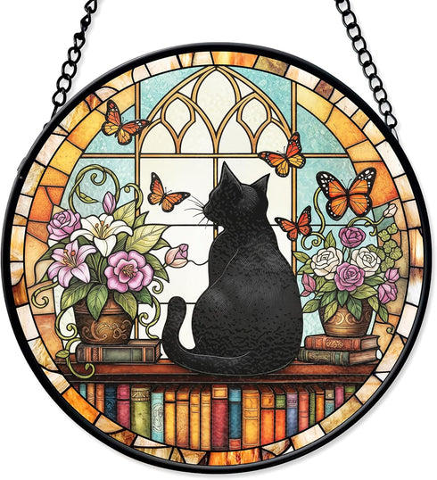 FIVITY 7.8" Black Cat Suncatcher Stained Glass Window Hanging Bookshelf Sun Catchers Book