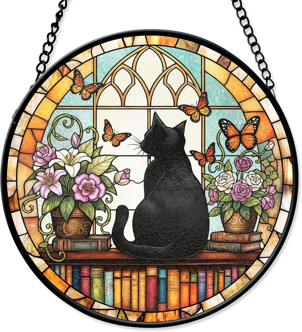 FIVITY 7.8" Black Cat Suncatcher Stained Glass Window Hanging Bookshelf Sun Catchers Book
