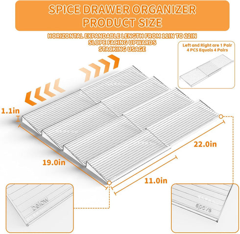 Yieach 8 Pack 11'' 22'' Adjustable In Drawer Spice Organizer - Expandable From to - Acrylic Drawer Seasoning