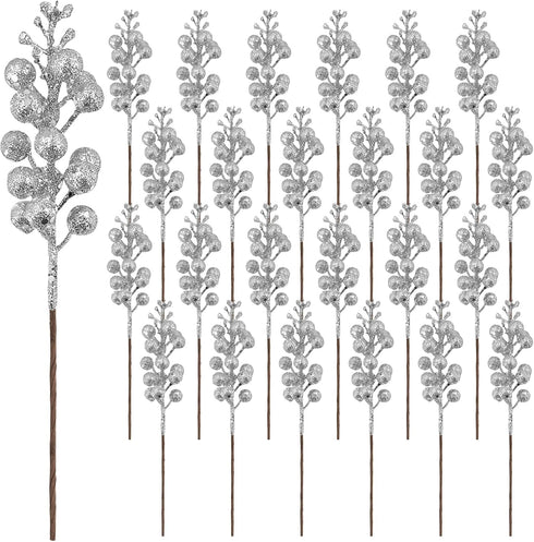 24 Pack 9 Inches Glitter Artificial Berry Stems, 15 Berries per Stem,